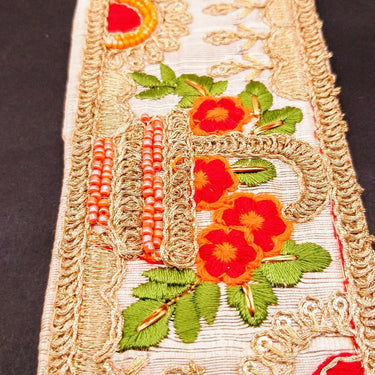 Beige Art Silk Fabric Trim With Green, Orange, Red And Gold Floral Embroidery